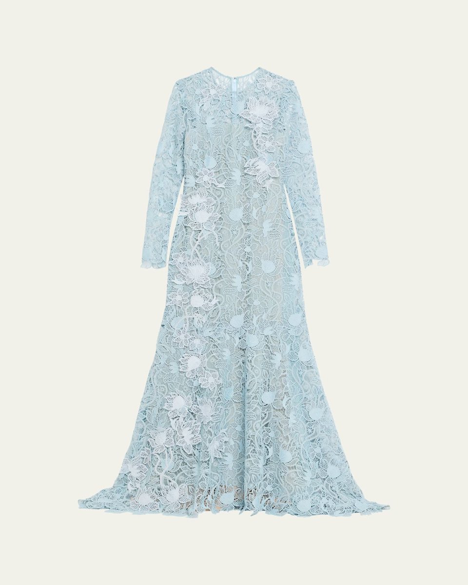 Long-Sleeve Corded Botanical Guipure Gown